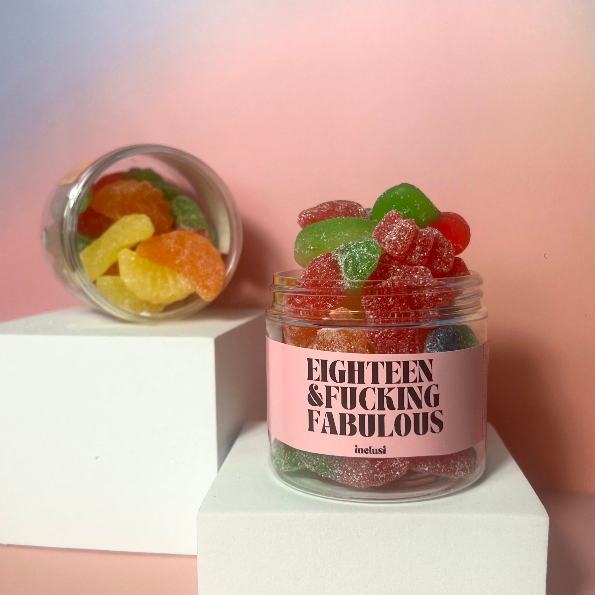 Jar of vegan and gluten free colourful sweets with funny 18th birthday message, great for gifting.