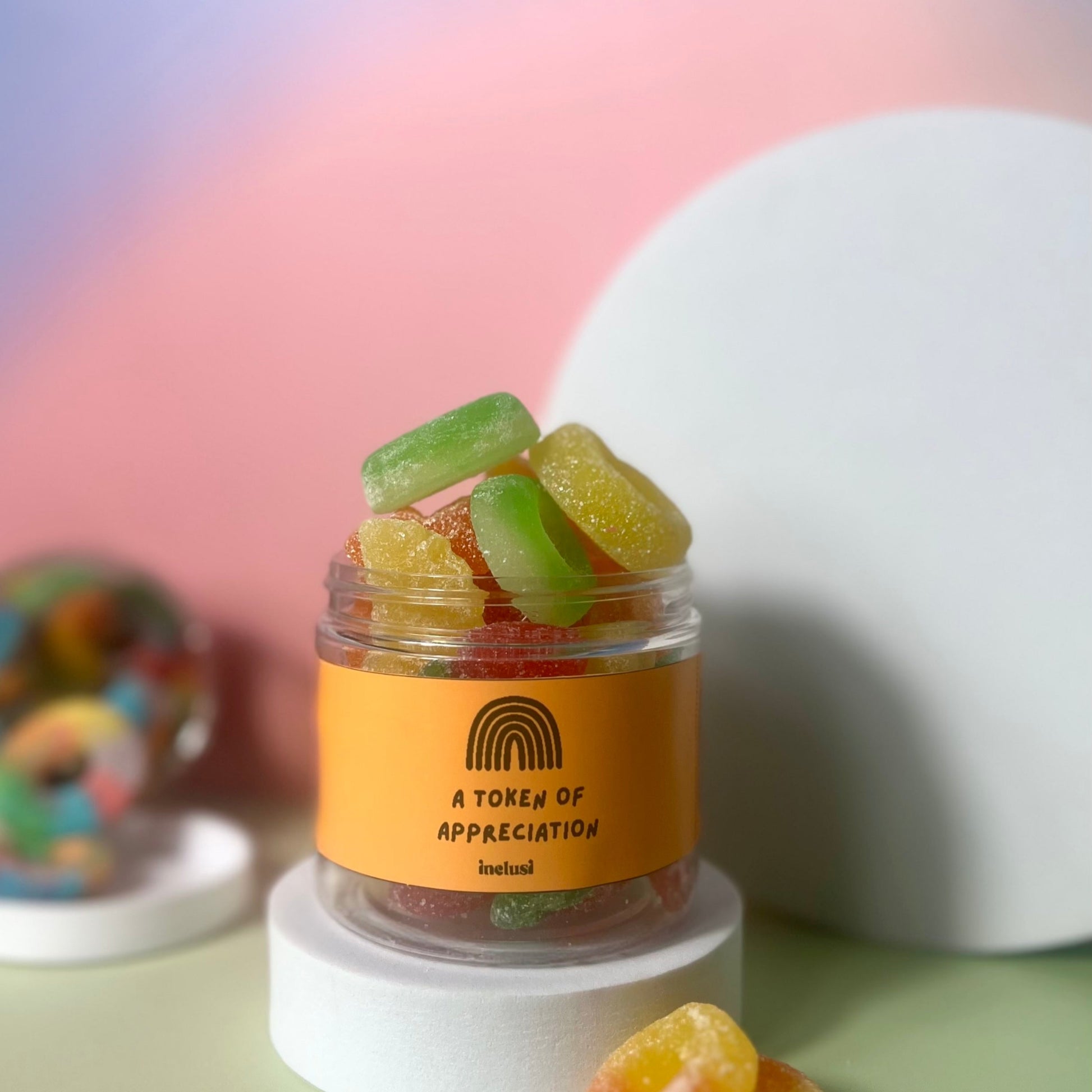 Jar of vegan and gluten free gummy bears with a token of appreciation message.