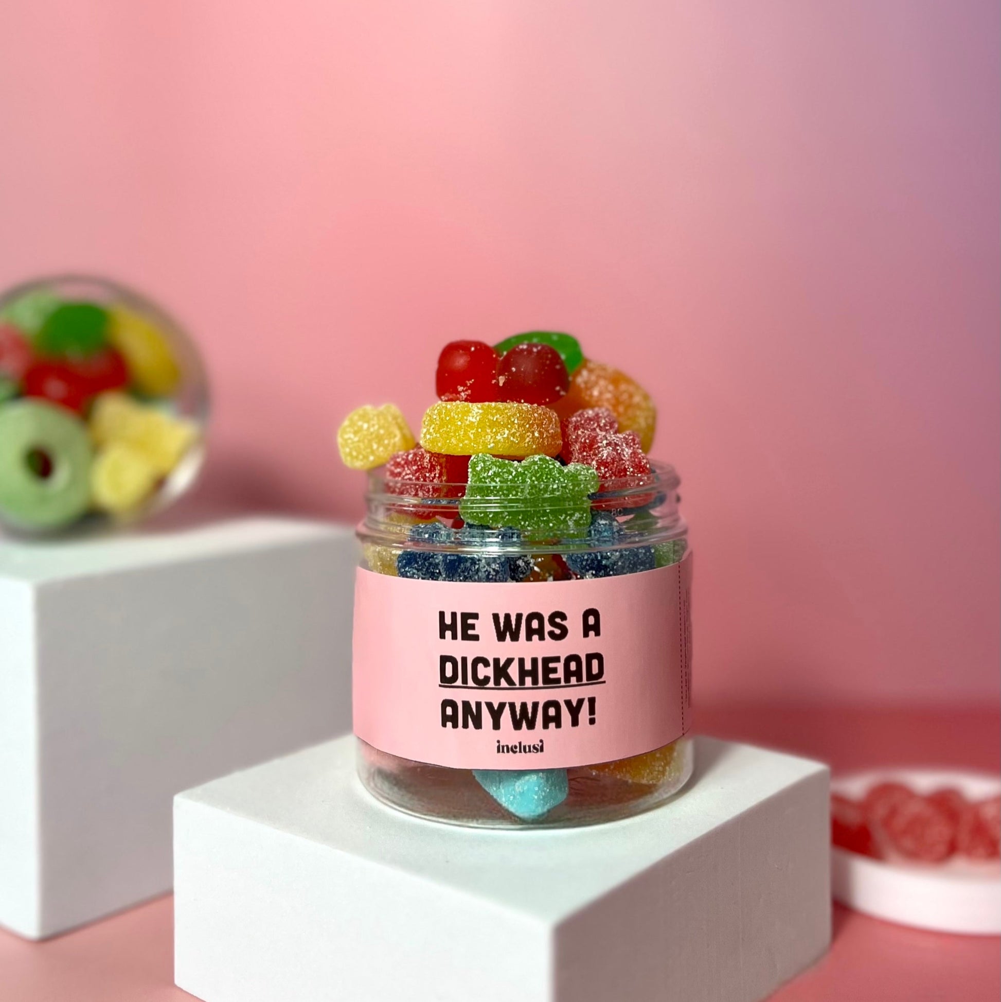 Jar of vegan and gluten free colourful sweets with funny break up message for friends