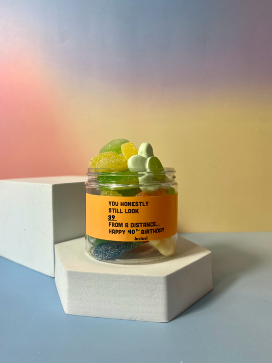 Pick N' Mix vegan and gluten free sweet jar with a funny happy 40th birthday message