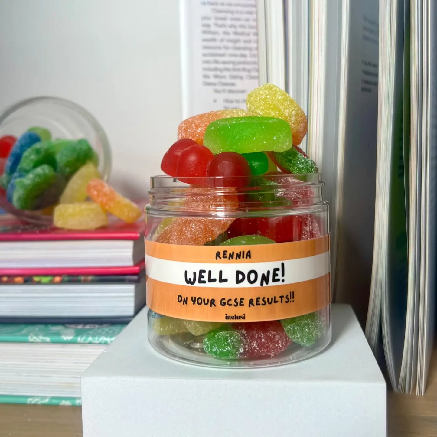 Inclusi jar of Vegan and Gluten Free gummies gift to celebrate GCSE results