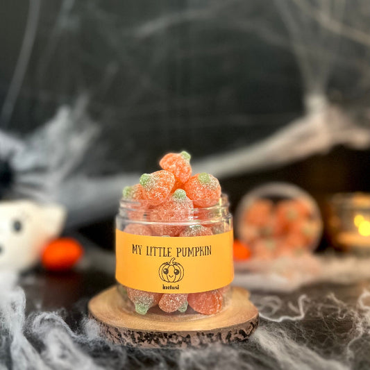 Inclusi Gift Jar of vegan and gluten free pumpkin style sweets labelled My little pumpkin