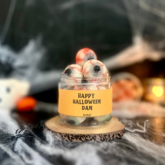 Halloween eyeball sweets in a personalised Happy Halloween Jar