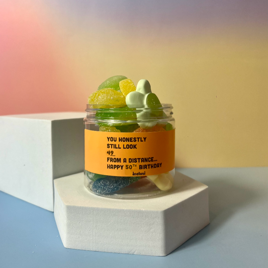 Jar of vegan and gluten free Pick N' Mix sweets funny gift for 50th birthday