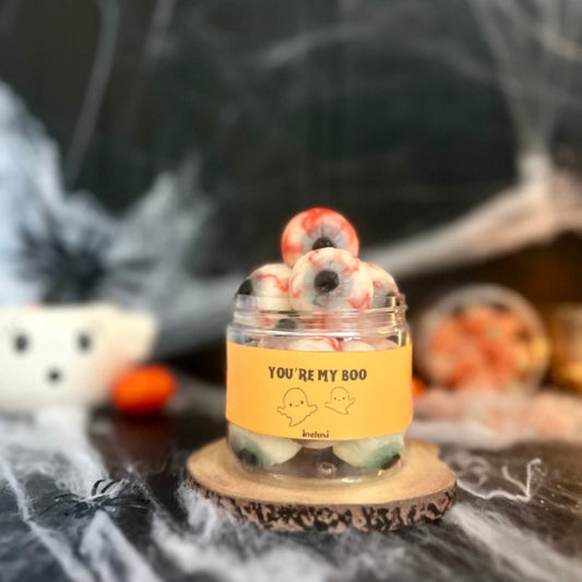 Jar of halloween style sweets labelled youre my boo