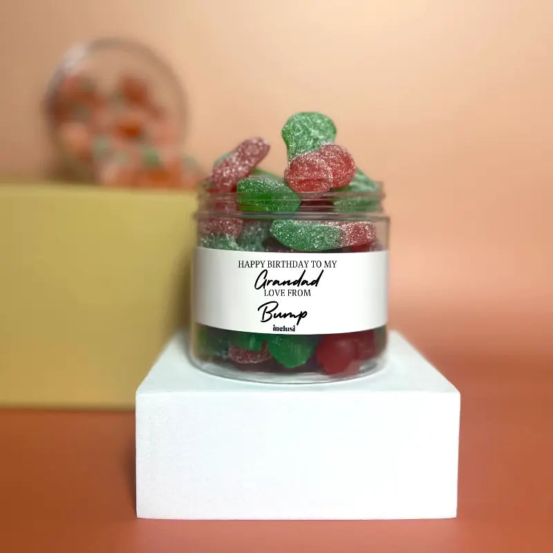 Jar of vegan and gluten free sweets for grandad from bump