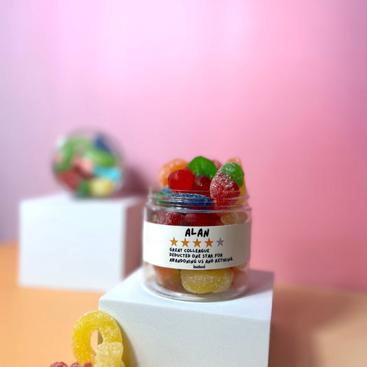 Jar of colourful vegan and gluten free sweets for funny leaving gift