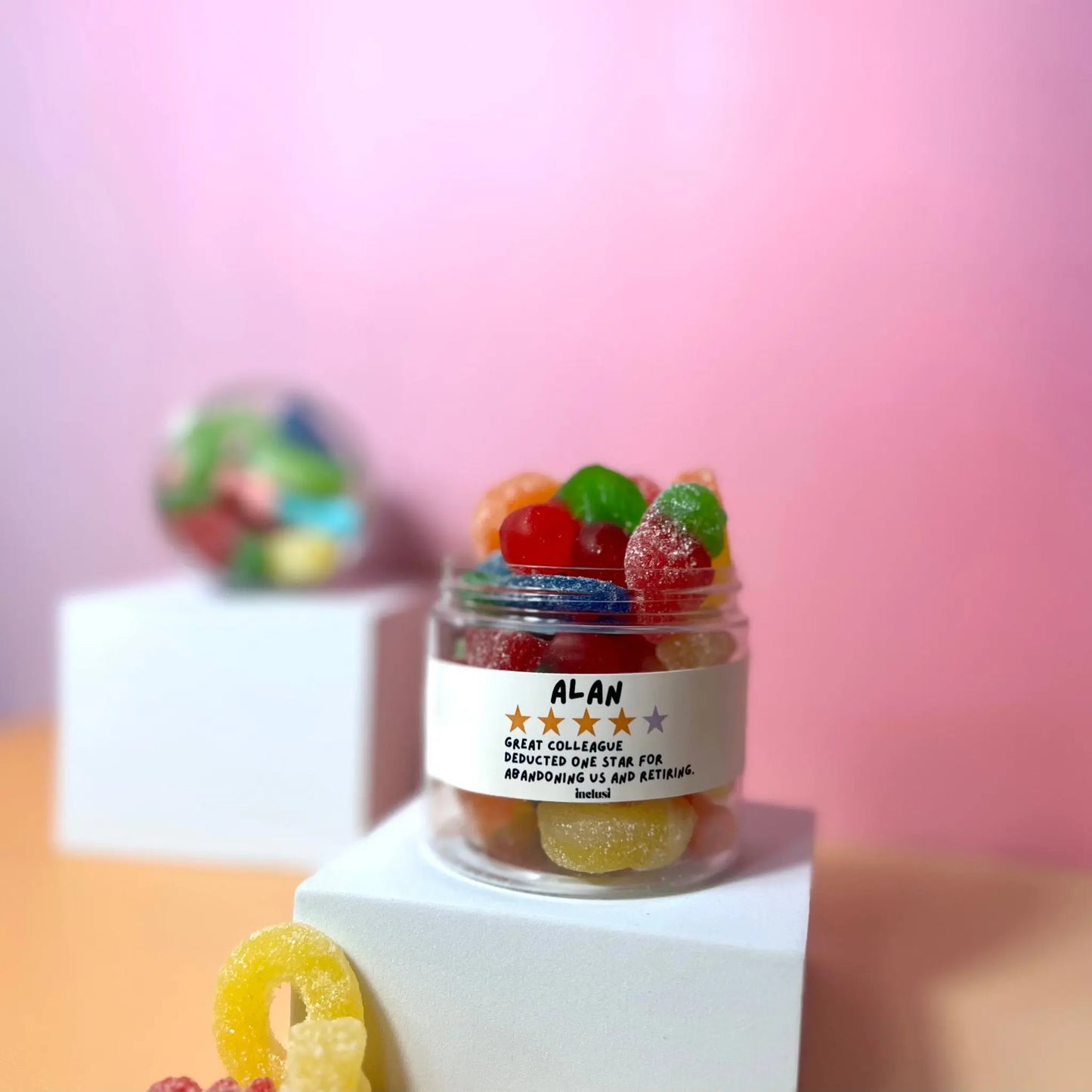 Jar of colourful vegan and gluten free sweets for funny leaving gift