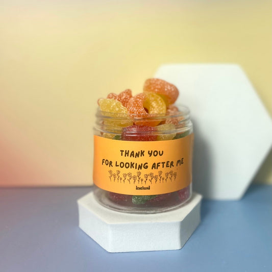 Thank you for looking after me, vegan and gluten free pick n mix colourful sweets jar