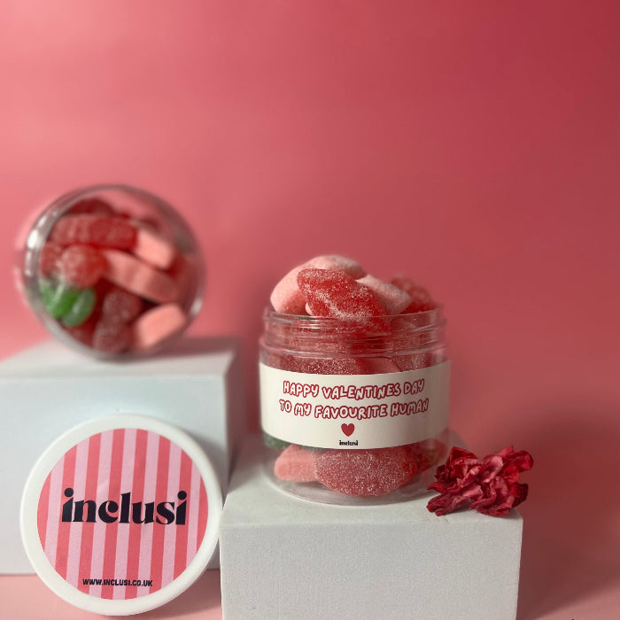 Inclusi vegan and gluten free red lips, happy valentines day sweet jar gift