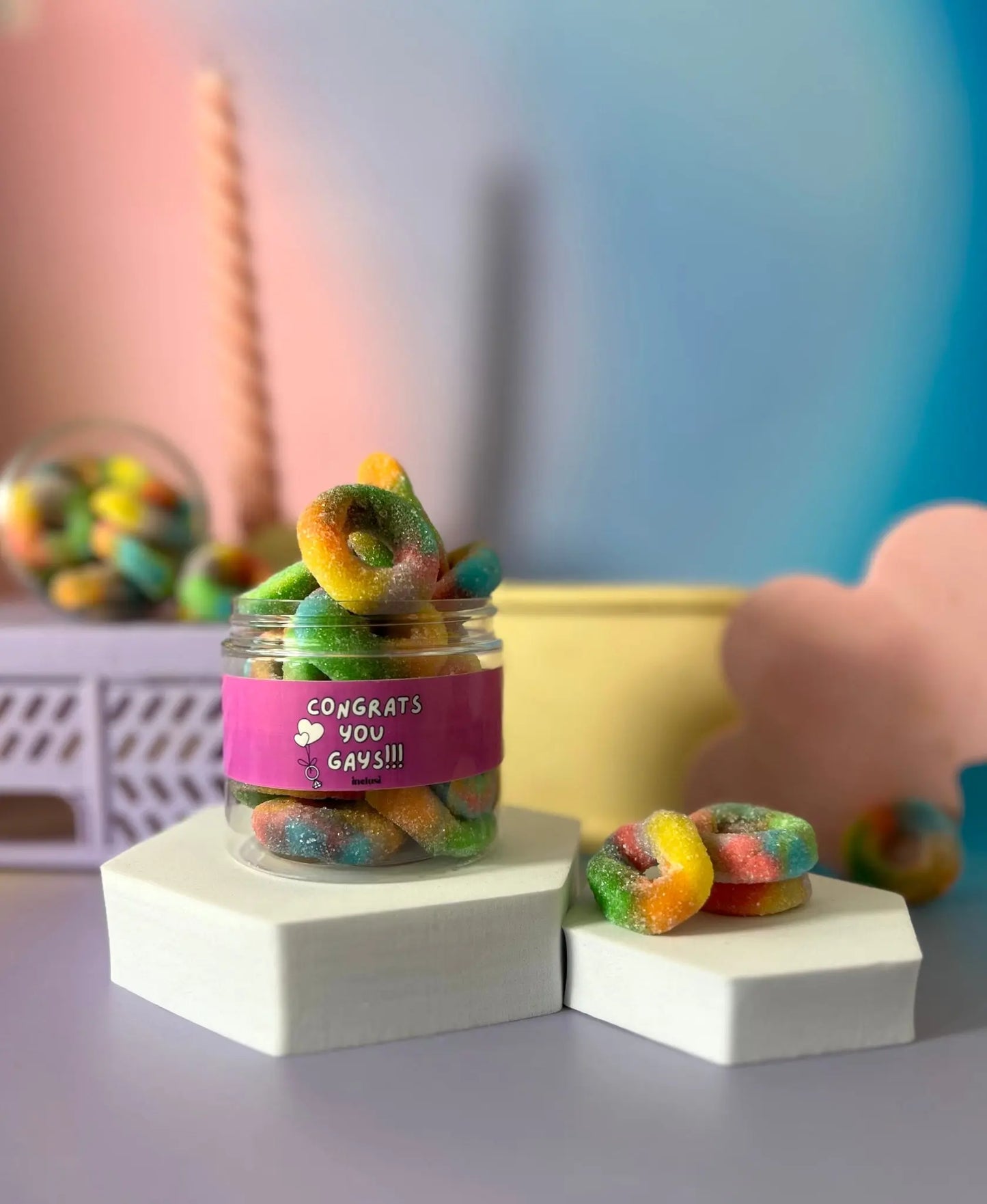jar of rainbow halal sweets for pride engagement