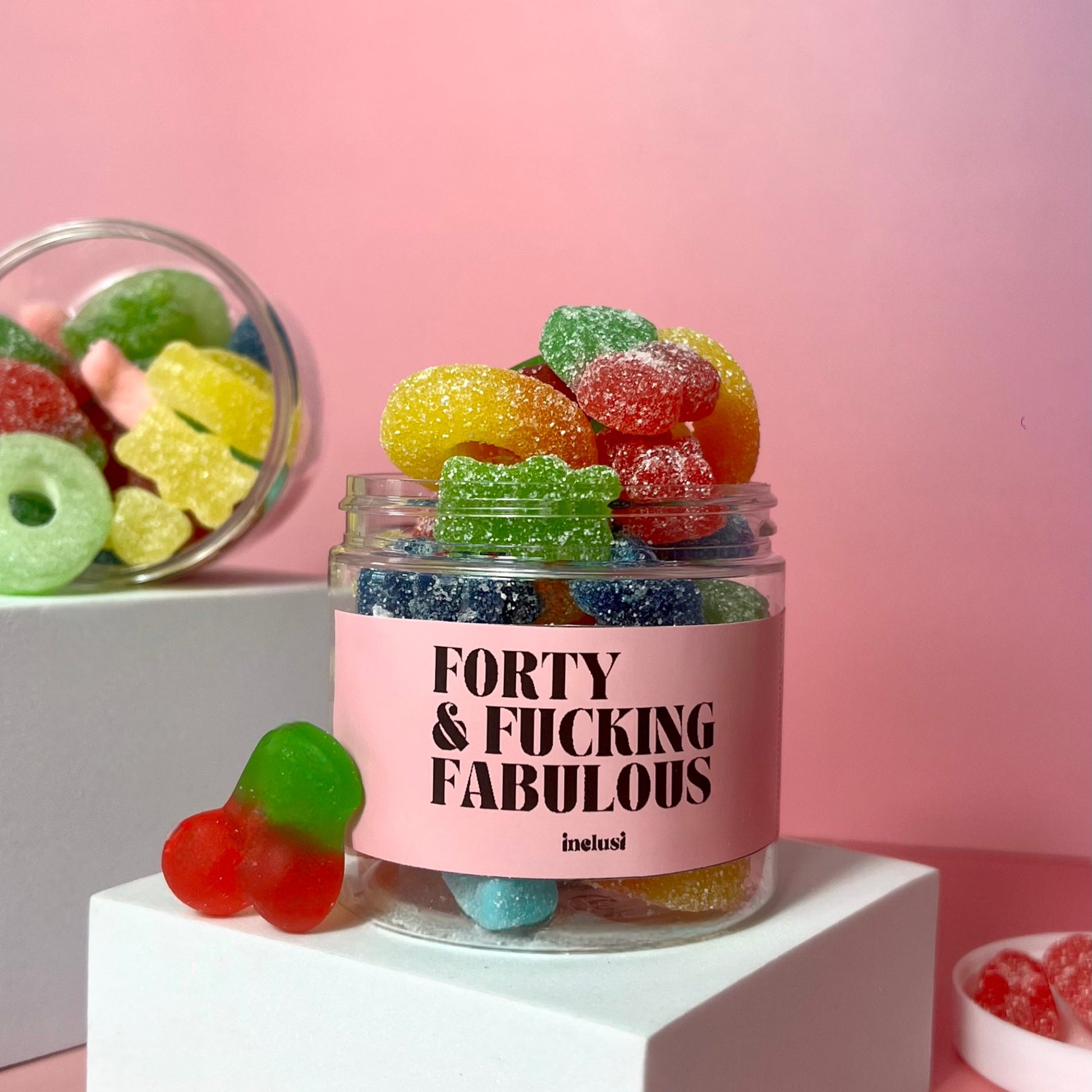 Jar of colourful vegan and gluten free sweets to celebrate a 40th birthday 