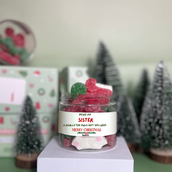Jar of vegan and gluten free candy cane sweets for Christmas gift to your sister 