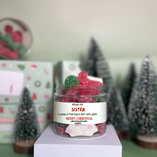 Jar of vegan and gluten free candy cane sweets for Christmas gift to your sister 