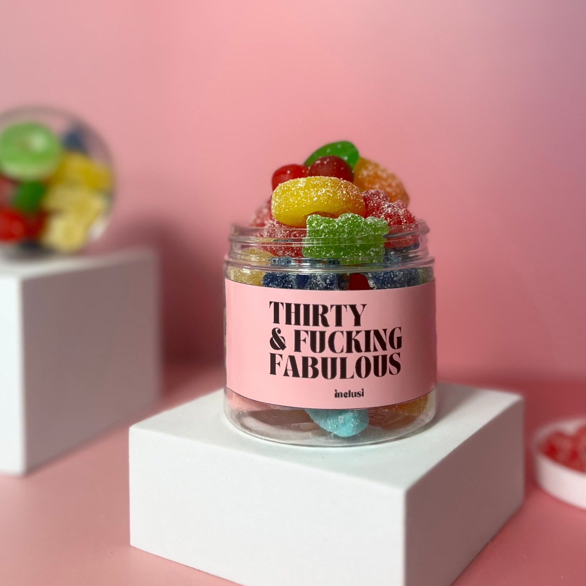 Jar of colourful vegan and gluten free sweets to celebrate a 30th birthday