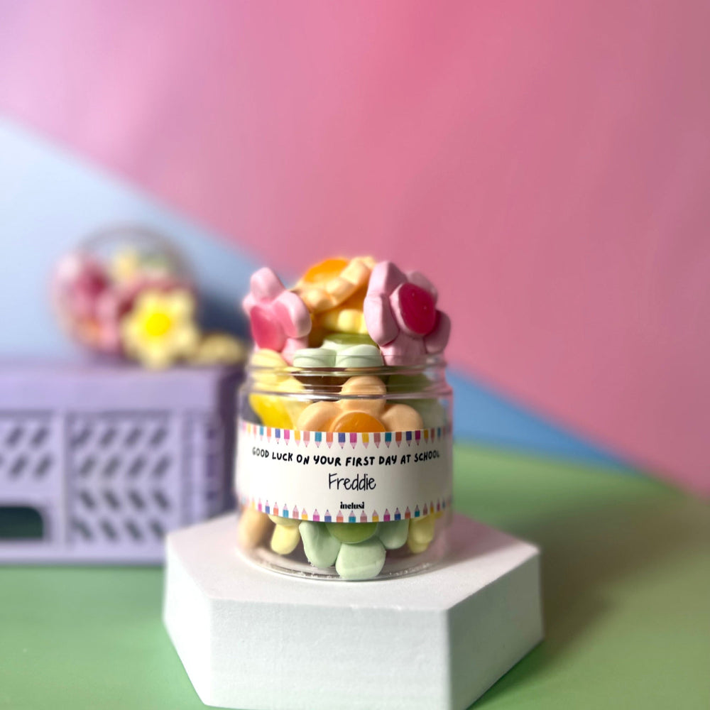 Inclusi personalised gluten free sweets gifting for first day of school year.