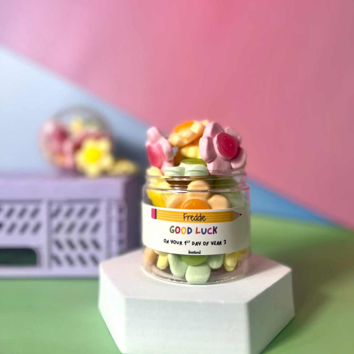 Inclusi gluten free gummies personalised childrens gift for first day of school year.