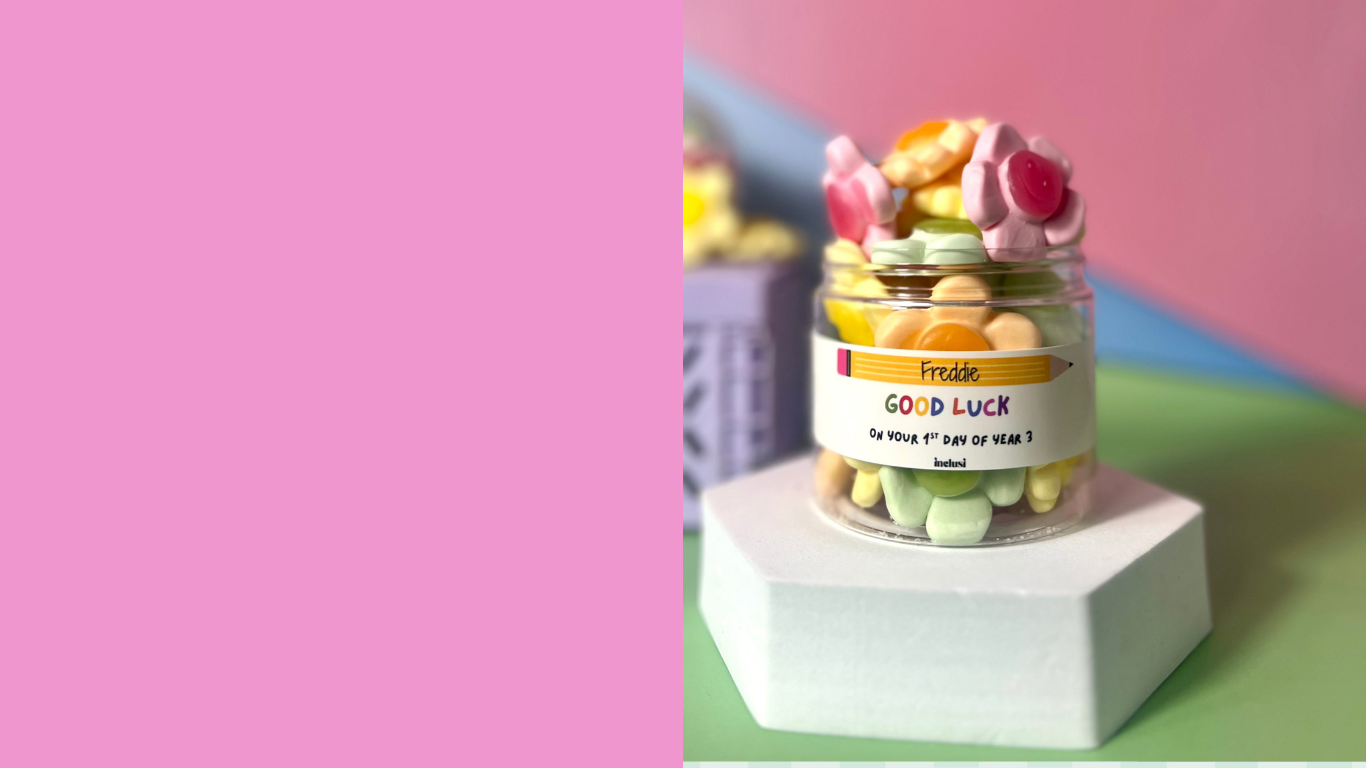 Inclusi personalised jar of gluten free sweets to gift for first day of school year 