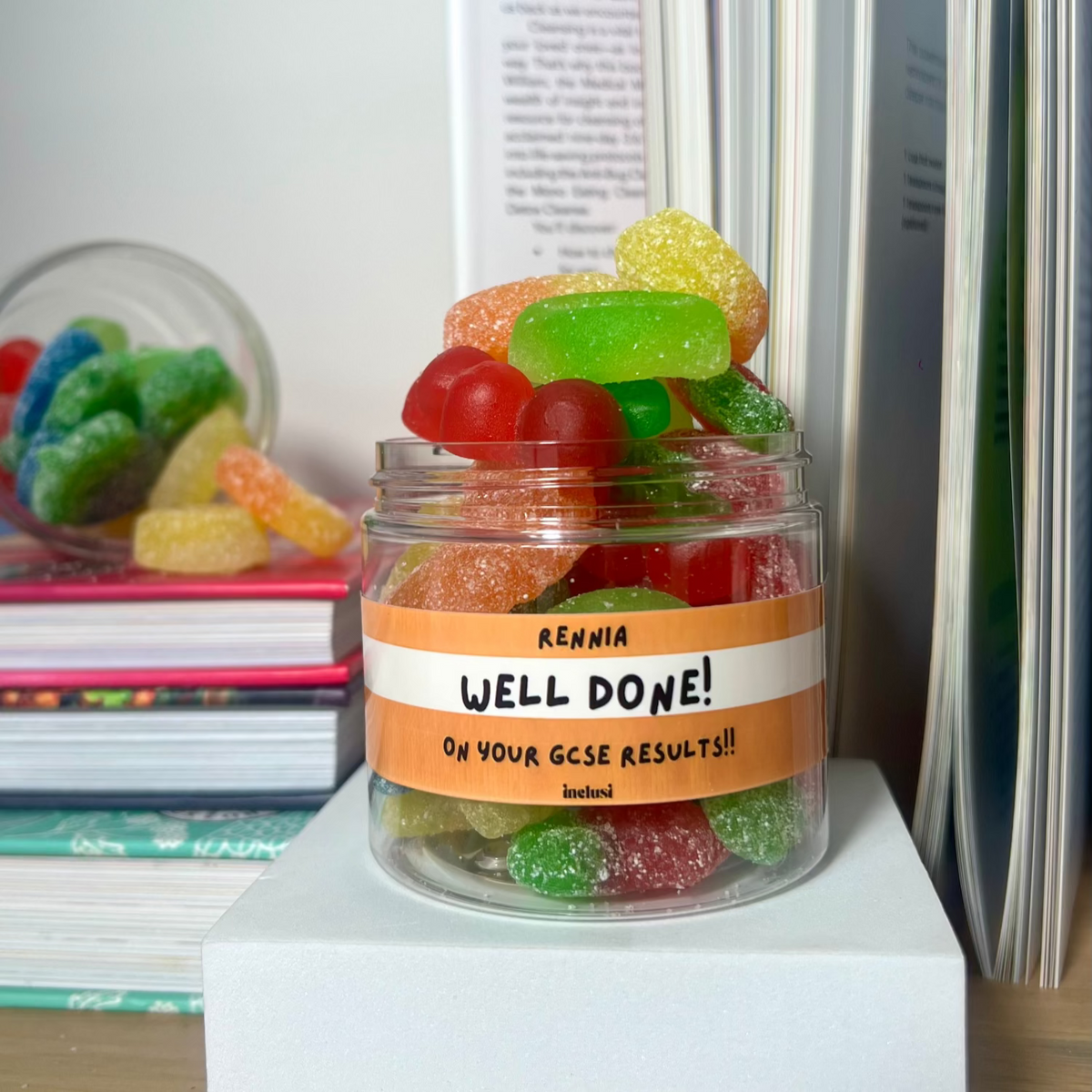 Inclusi jar of Vegan and Gluten Free gummies gift to celebrate GCSE results 