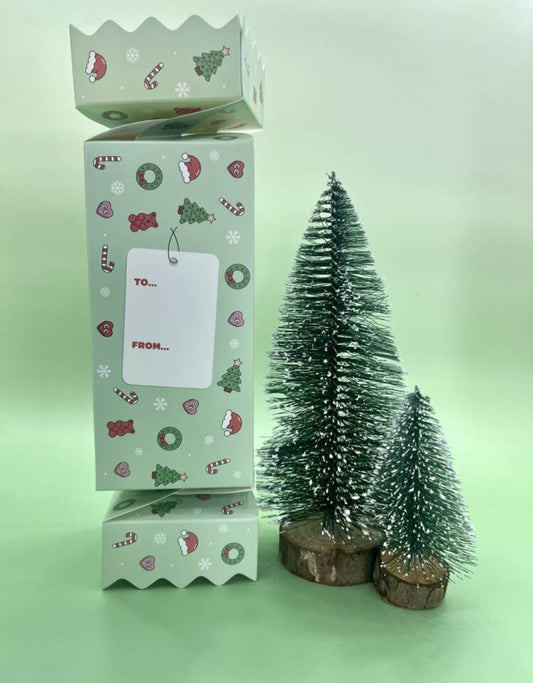 Decorative gift box with Christmas-themed design next to two small Christmas trees on a light green background