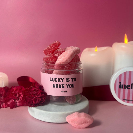 Inclusi red and pink lips pick n mix, lucky is to have you, valentines day jar 