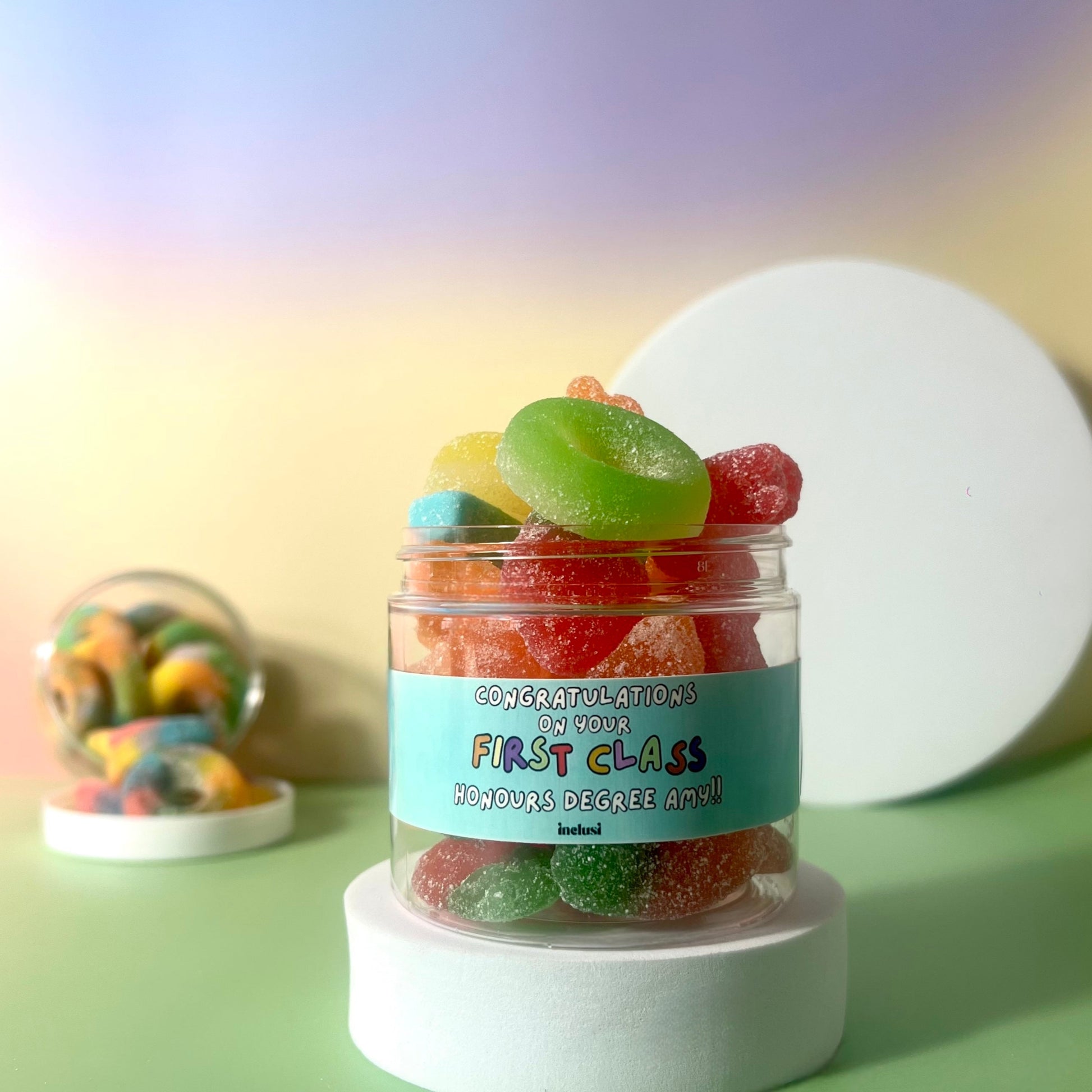 A personalised congratulations on your degree vegan and gluten free pick n mix jar gift 