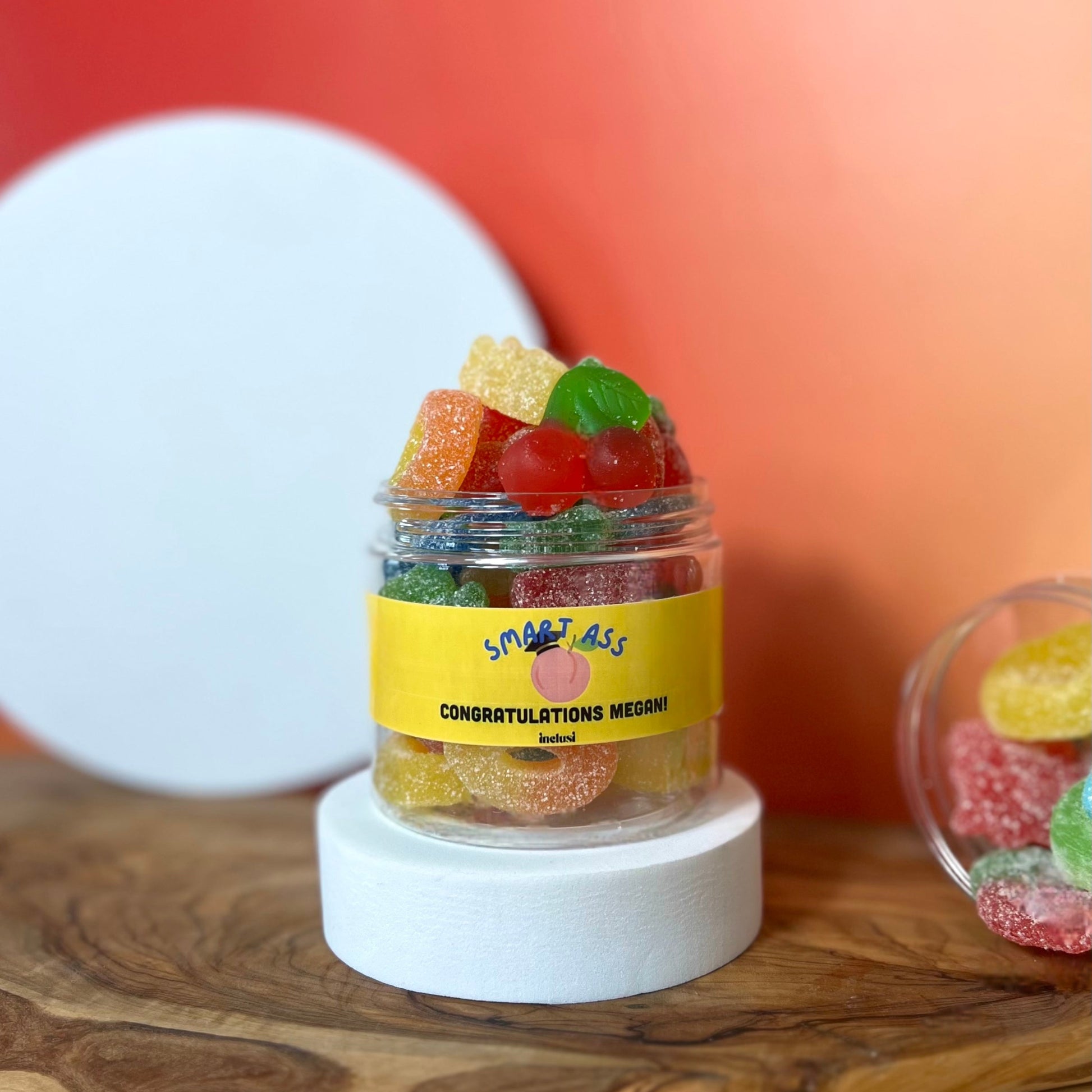 Personalised graduation jar with gluten free and vegan colourful sweets