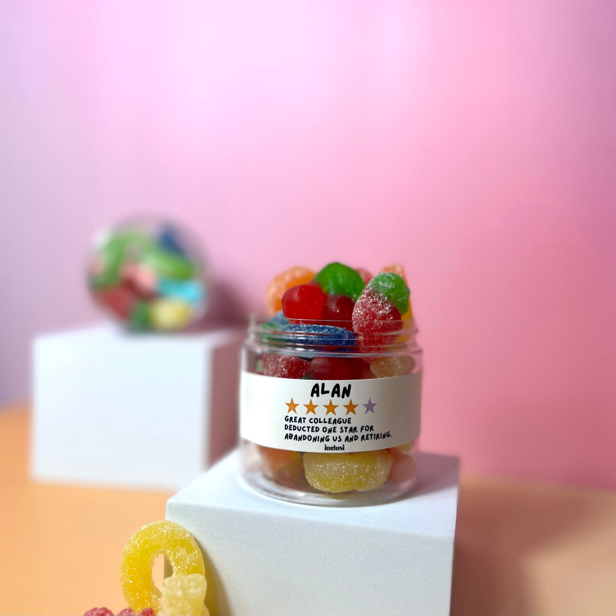 Jar of colourful vegan and gluten free sweets for funny leaving gift