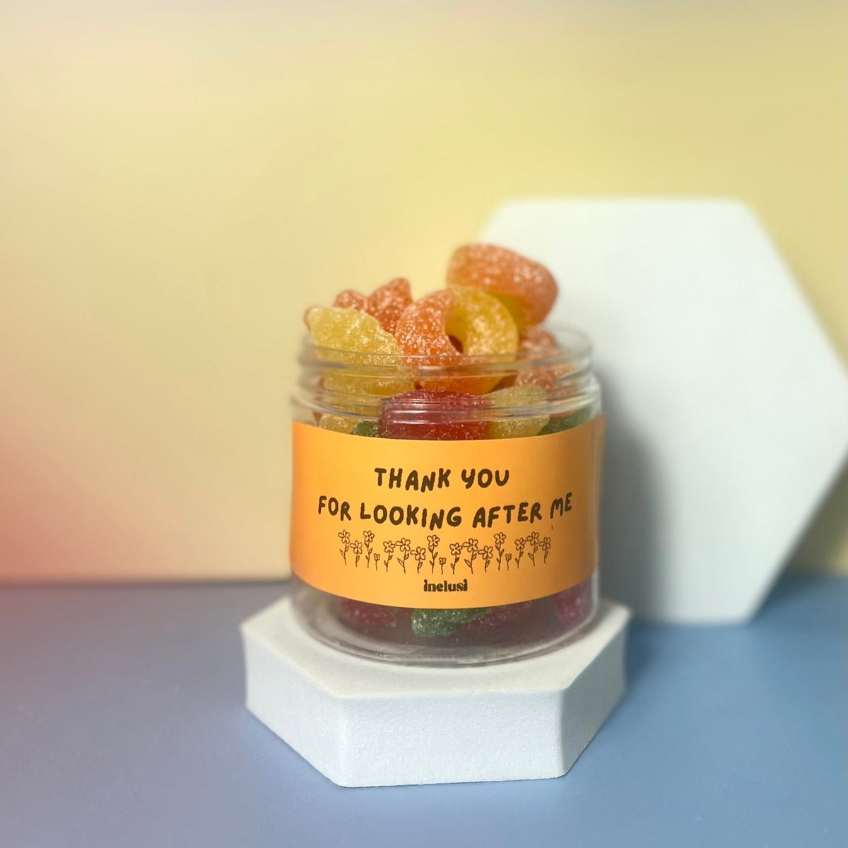 Thank you for looking after me, vegan and gluten free pick n mix colourful sweets jar 