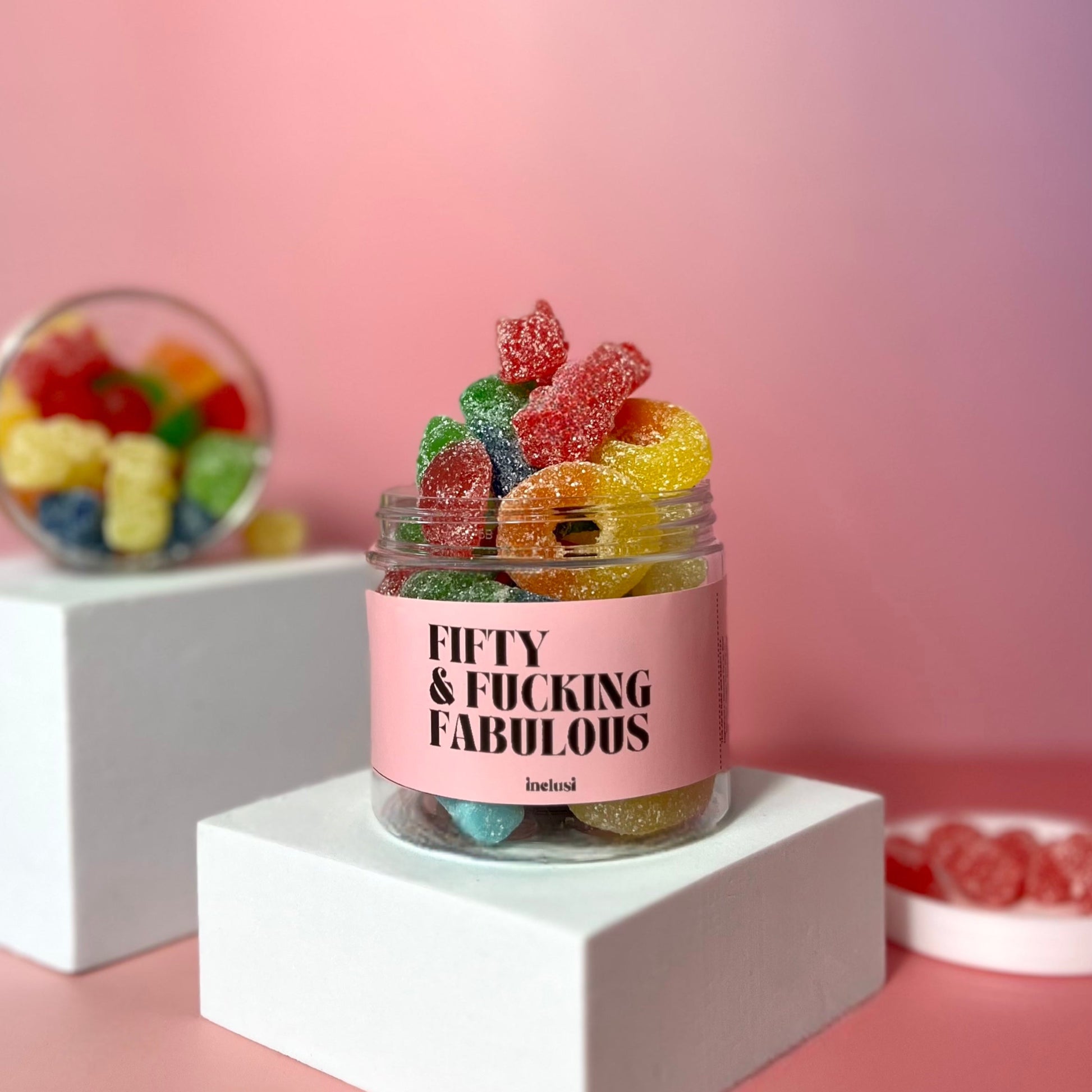 Jar of gummy bear sweets for pink themed 50th birthday