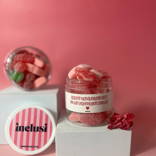 Inclusi vegan and gluten free red lips, happy valentines day sweet jar gift 