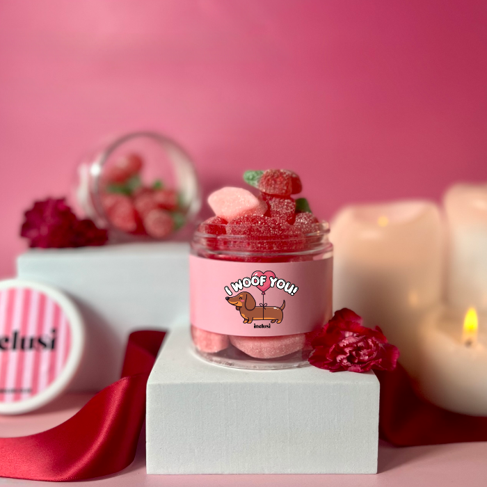 jar of fruity pick n mix I woof you vegan and gluten free sweet jar 