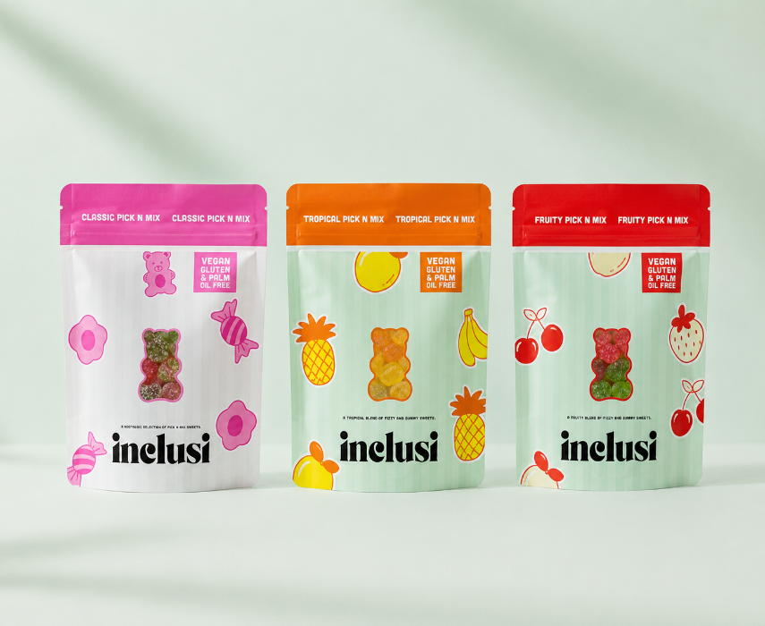 Three stand-up pouches of Inelus gummy bear candy mixes lined up on a light gray background with soft shadows. The left pouch is white with a pink top and pink fruit illustrations, the middle pouch is white with an orange top and tropical fruit illustrations, and the right pouch is white with a red top and strawberry illustrations.
