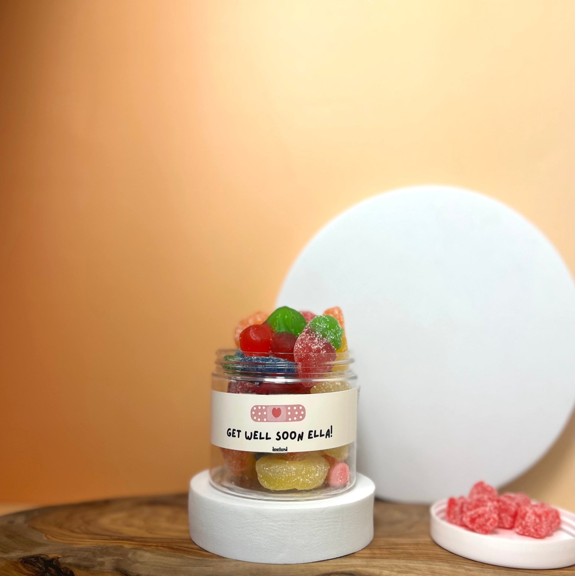 A personalised get well soon jar of colourful vegan and gluten free sweets 