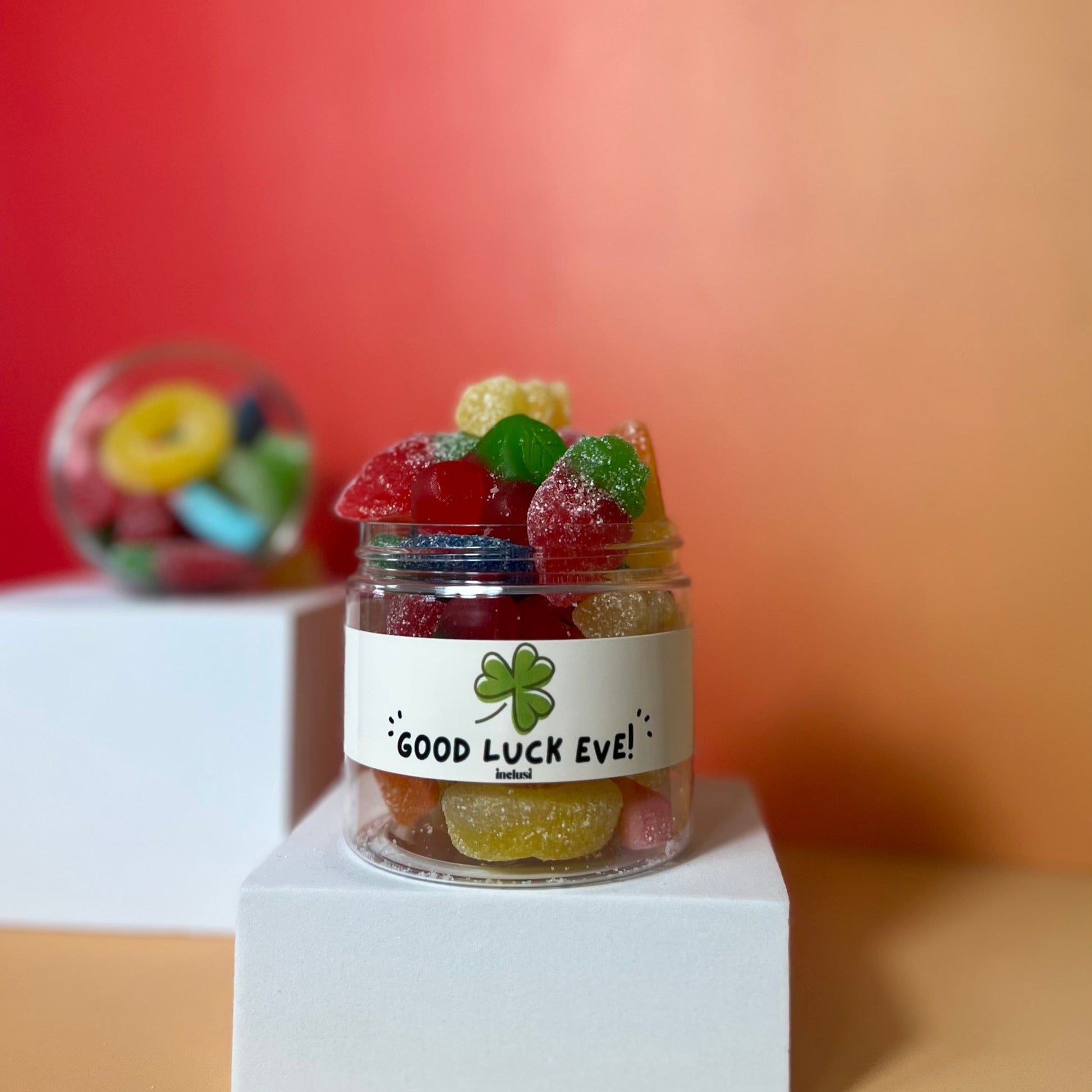 Jar of colourful vegan and gluten free sweets with personalised good luck message