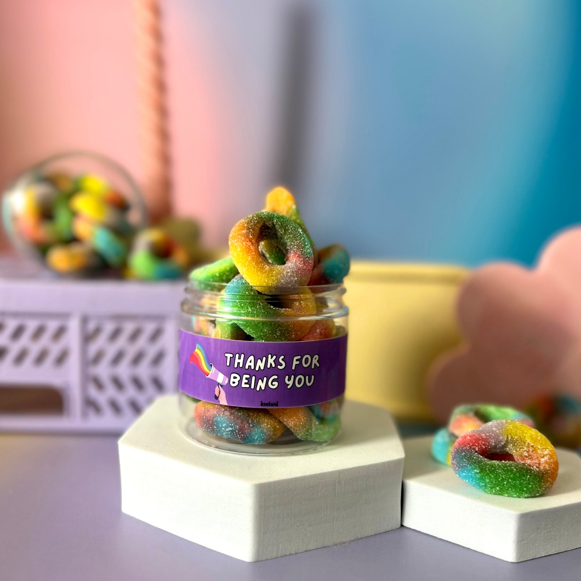 jar of rainbow halal gluten free pride sweets