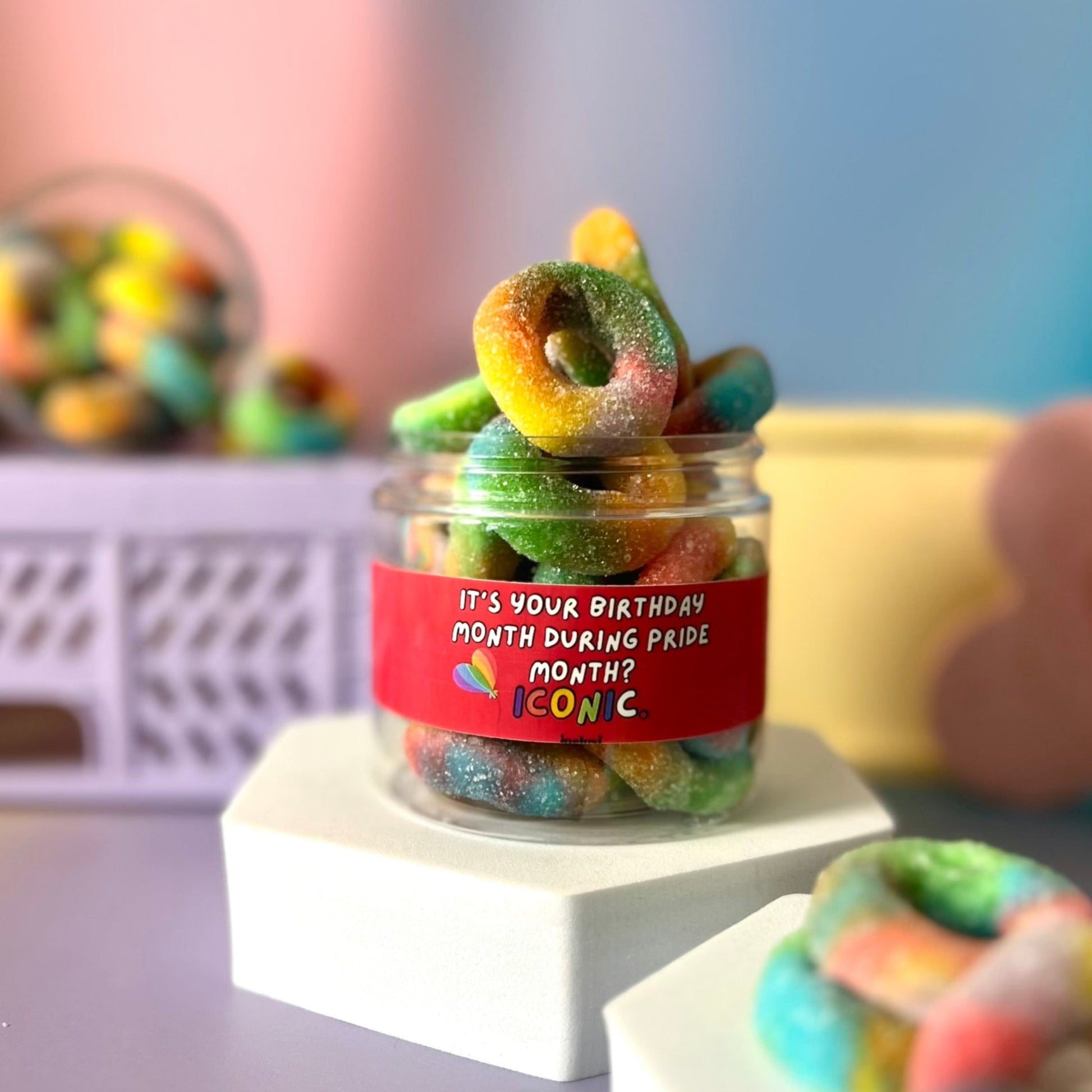 jar of rainbow halal and gluten free pride birthday sweets