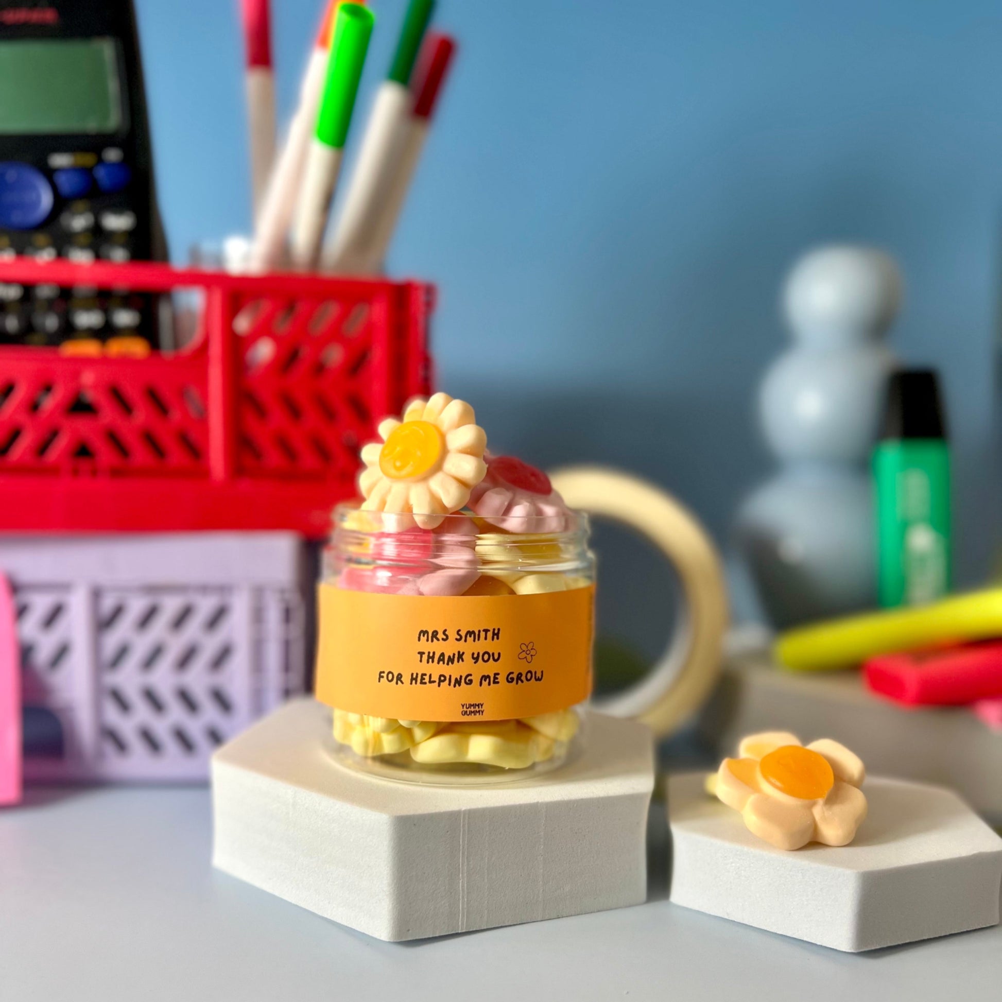 Small jar with halal, gluten free flower sweets for end of school term 